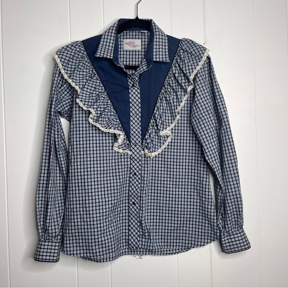 Vintage Kenny Rogers Top Plaid Western Ruffle Lace Prairie Country Blue White 6 - Picture 1 of 9